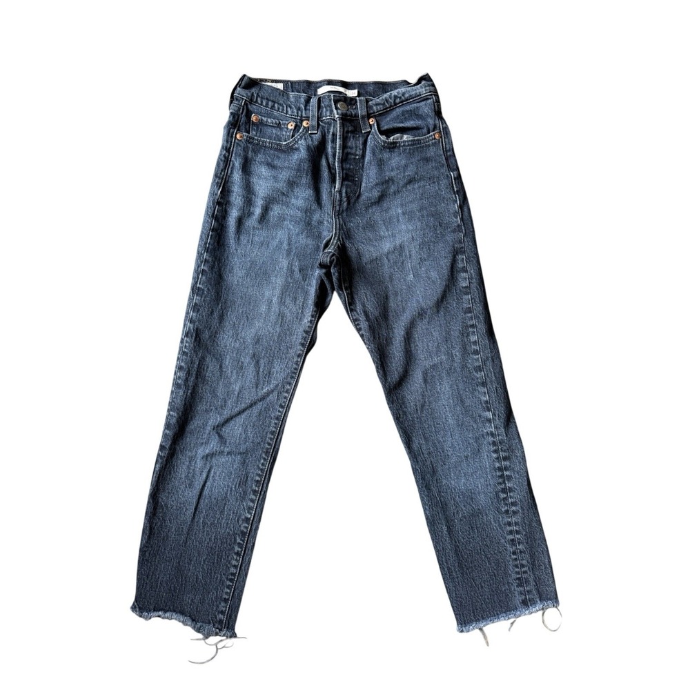 Levis Wedgie Straight Jeans Womens 24 Black Faded Raw Hem High Rise Button Fly